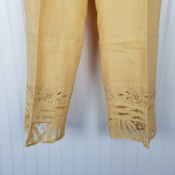 JSong Linen Eyelet Hem Full Length Pants Size 10 Fully Lined Yellow Pockets Zip - Picture 5 of 9